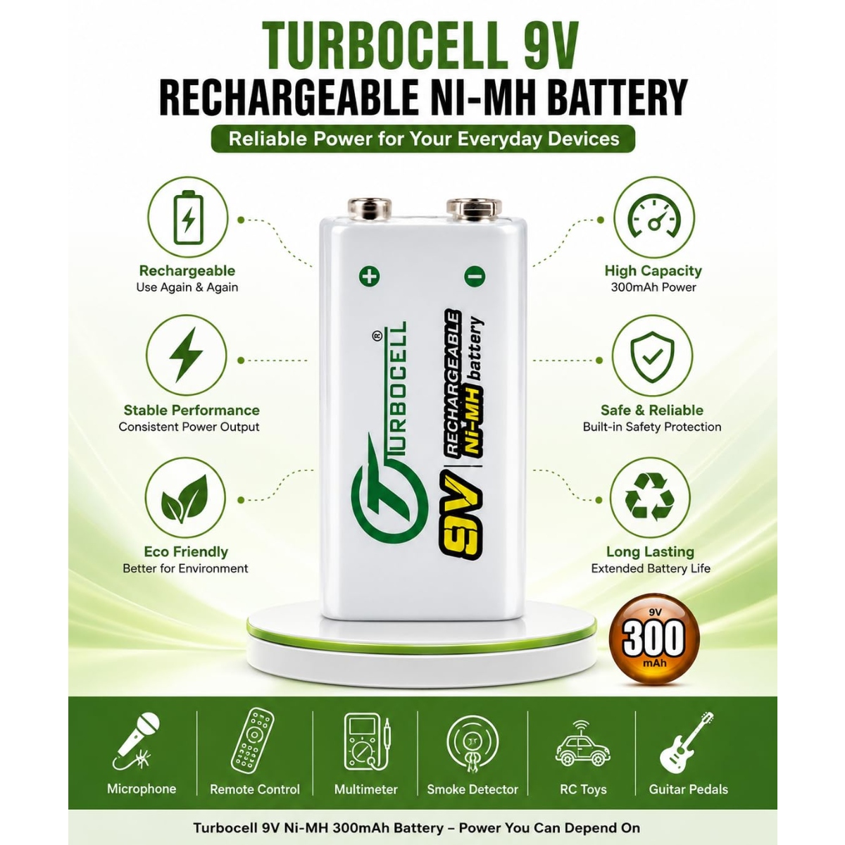 Turbocell 9V 300mAh Rechargeable Ni-MH Battery (9V Rechargeable Battery) image 2