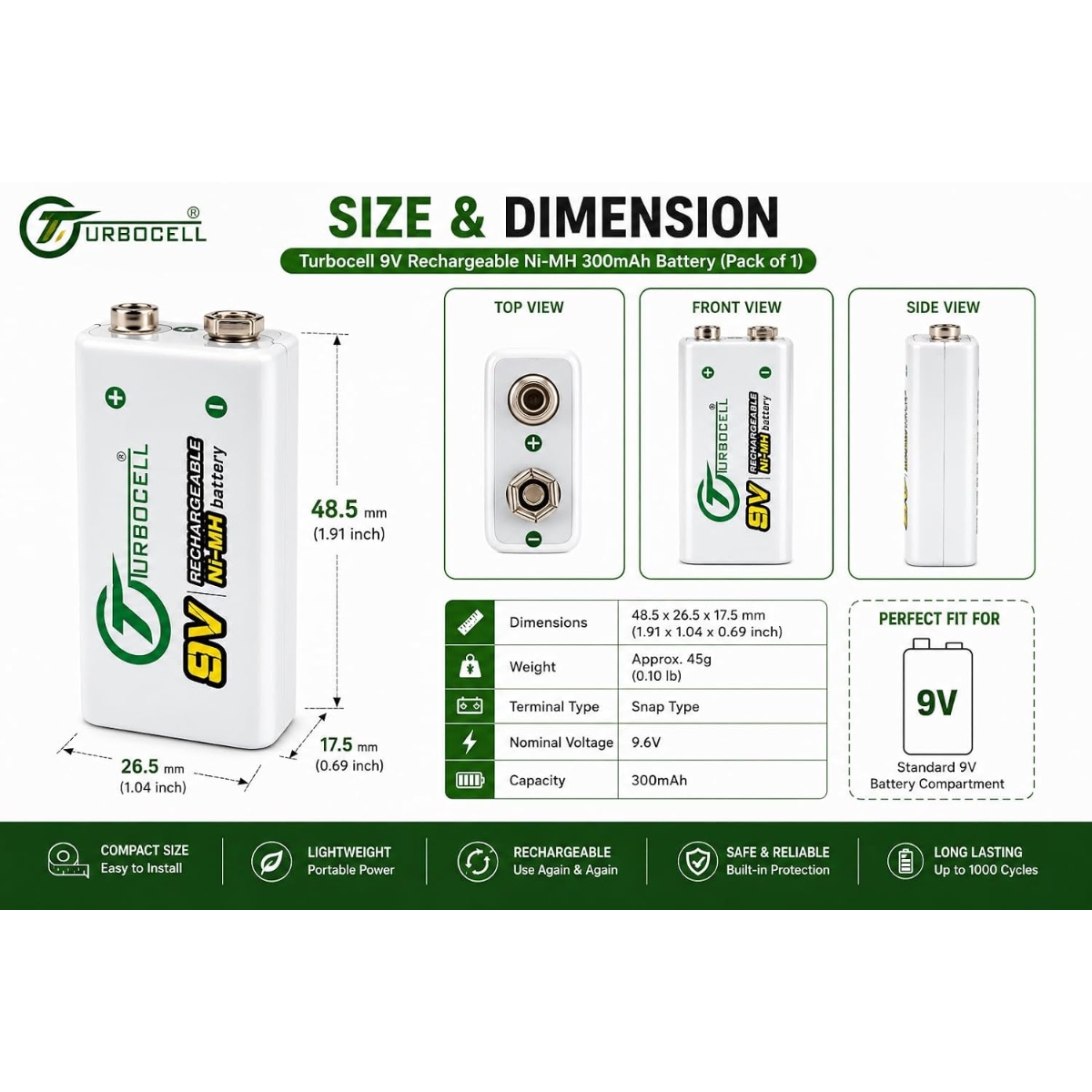 Turbocell 9V 300mAh Rechargeable Ni-MH Battery (9V Rechargeable Battery) image 3
