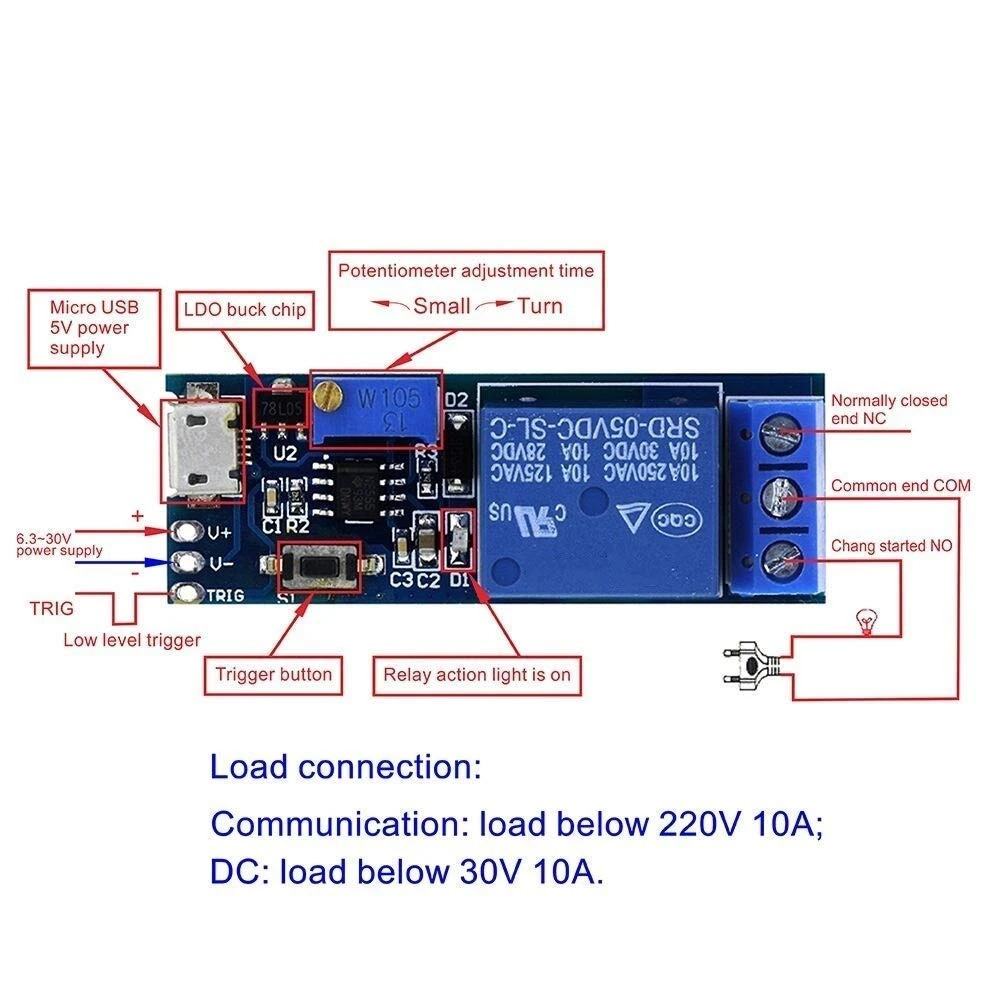 5V-30V Adjustable Delay Relay Timer Module with Micro USB (Trigger Delay Switch) image 4