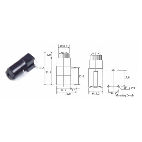 ELCOM PBF-3 PCB Mount Fuse Holder horizontal 3 leads Black image 2