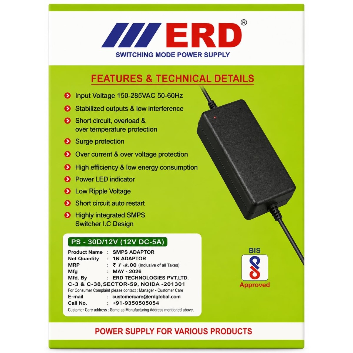 ERD PS30D 12V 5A SMPS Power Adapter Regulated DC Power Supply (12V 5A SMPS Adapter) image 3