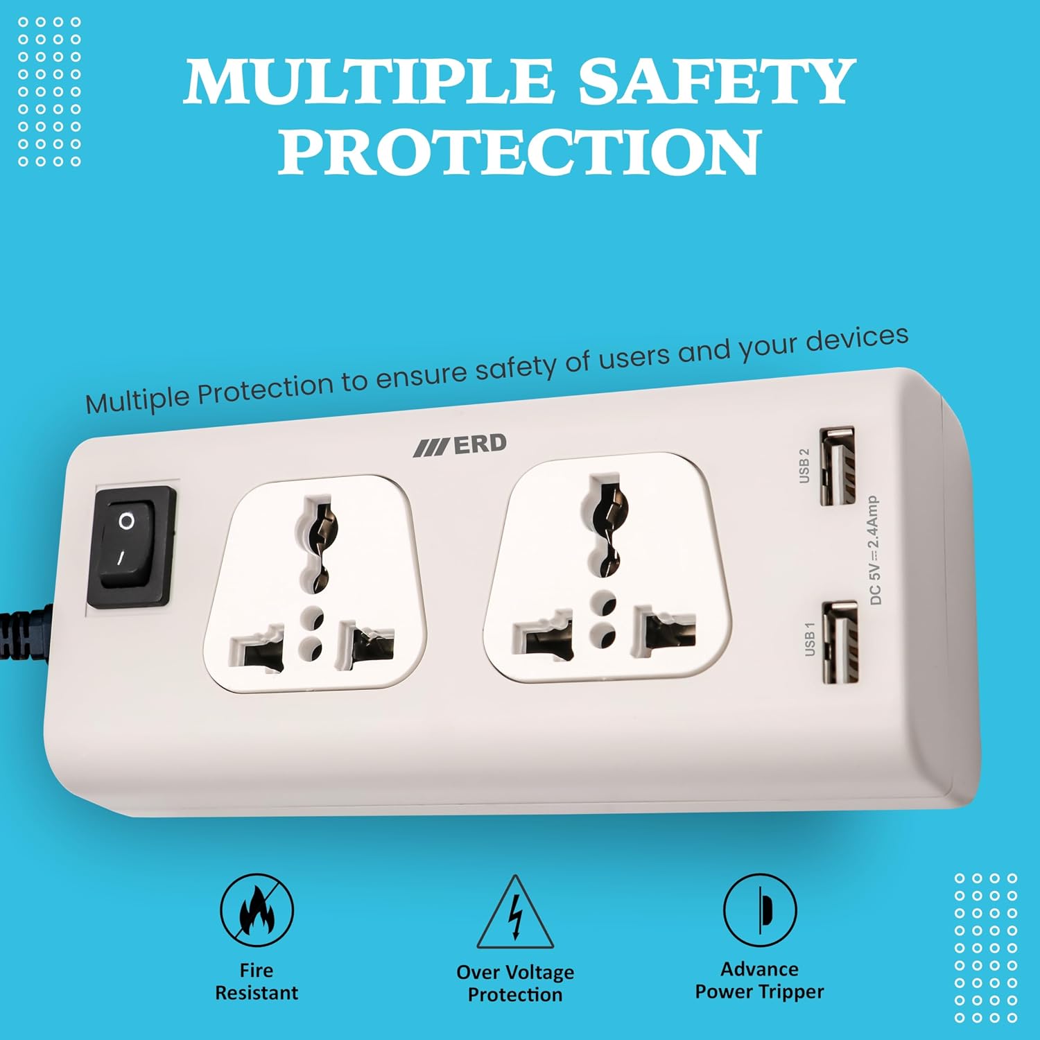 ERD EB-22 USB Charger Extension Board (2 Socket Power Strip with USB Charging) image 3