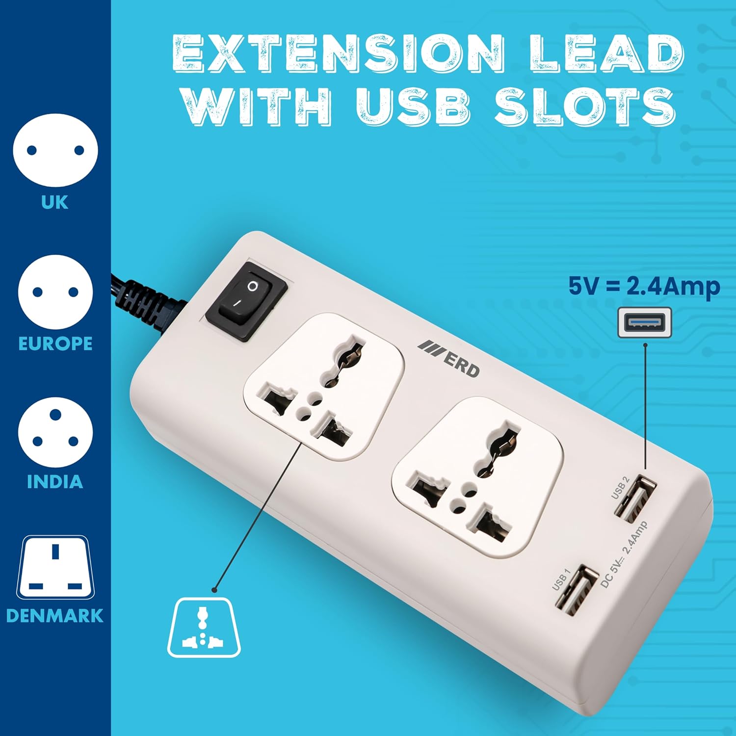 ERD EB-22 USB Charger Extension Board (2 Socket Power Strip with USB Charging) image 4