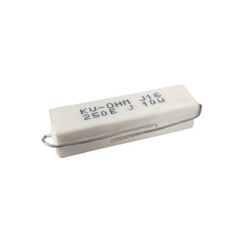 250 Ohm 10W 5% Axial Lead Ceramic Encased Wire Wound Resistor (White Ceramic Body, Through-Hole Mounting) image 1
