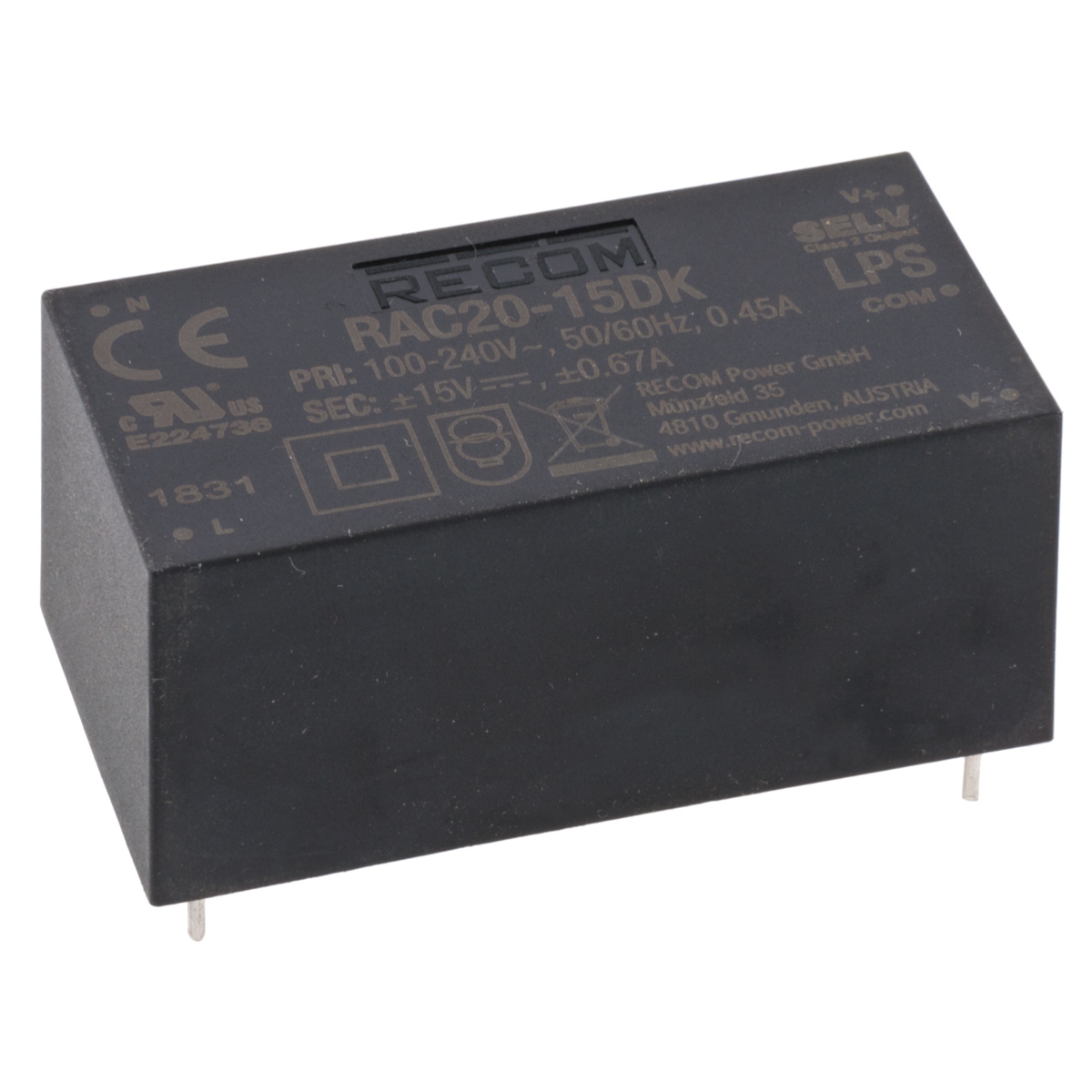 RAC20-15DK 20W ±15V Dual Output AC-DC Switched Power Supply Module (RECOM RAC20-15DK) image 1