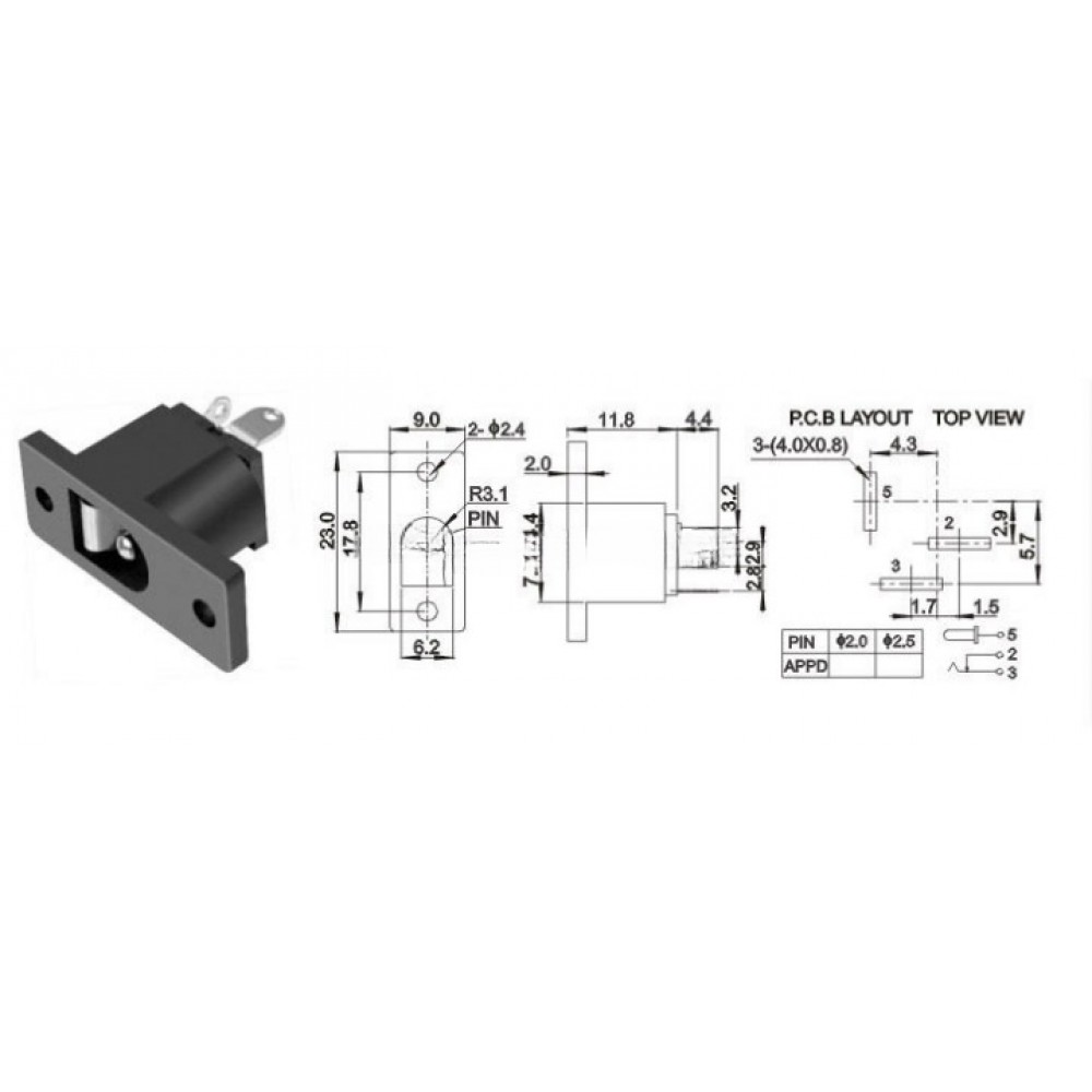 5.5mm x 2.1mm DC Power Connector Socket Horizontal PCB Mount image 2