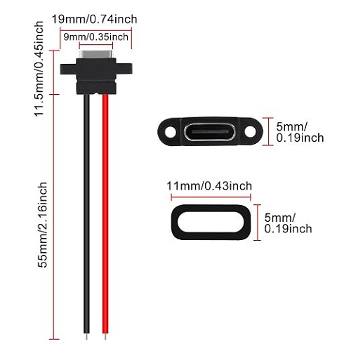 USB Waterproof Connector Type-C Female Chassis 2 Pin with Cable (Panel Mount USB Type-C Power Connector for DIY Projects) image 4
