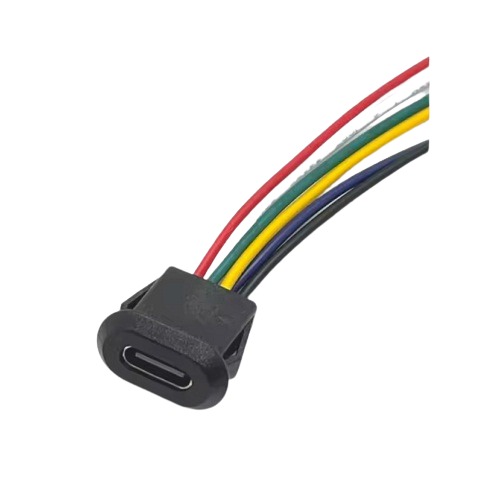USB-C Type 6 Pin Waterproof Female Connector with Cable Black (Panel Mount USB Type-C Charging and Data Connector) image 1
