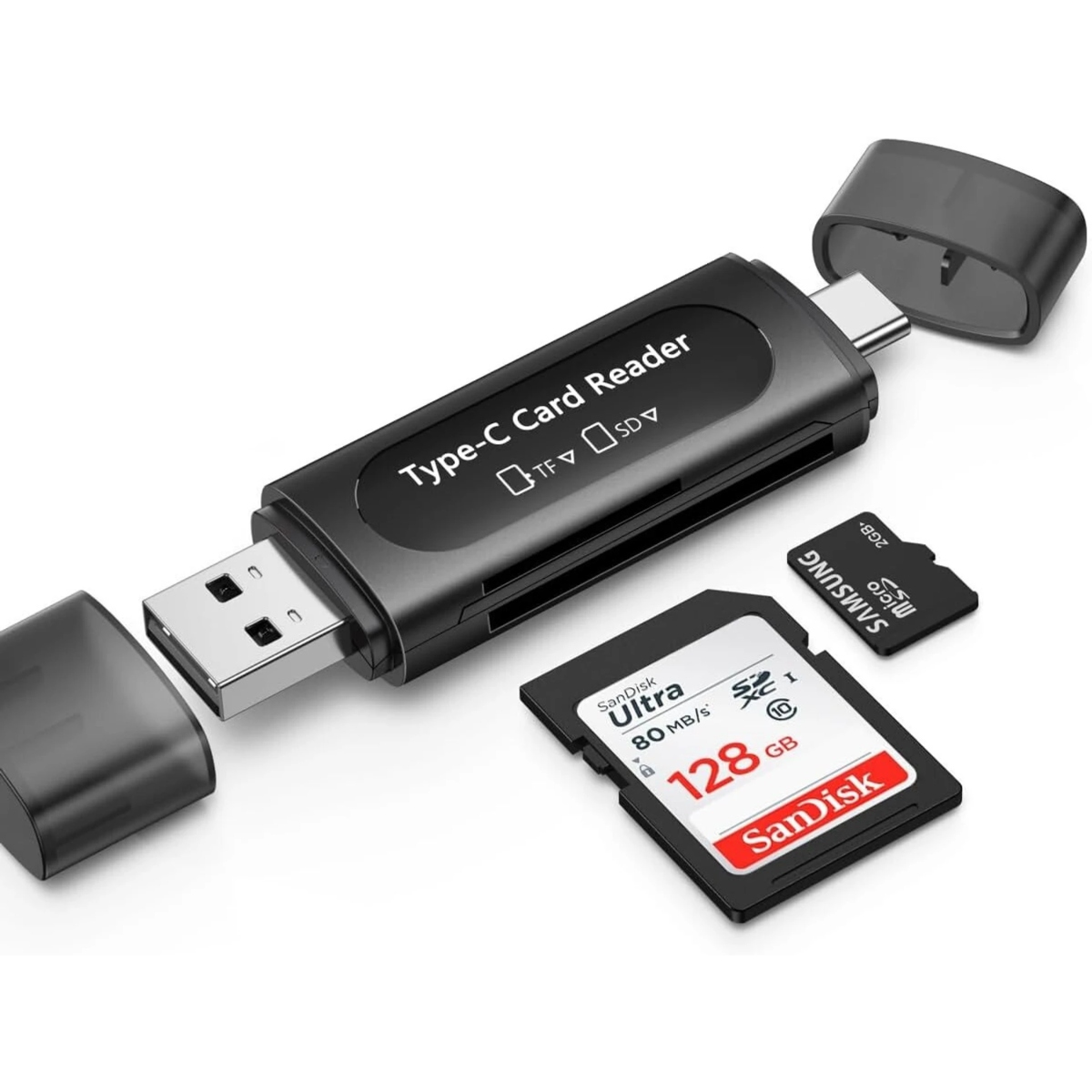 4 in 1 SD TF Card Reader with USB and Type-C Ports Black White (Memory Card Reader) image 1