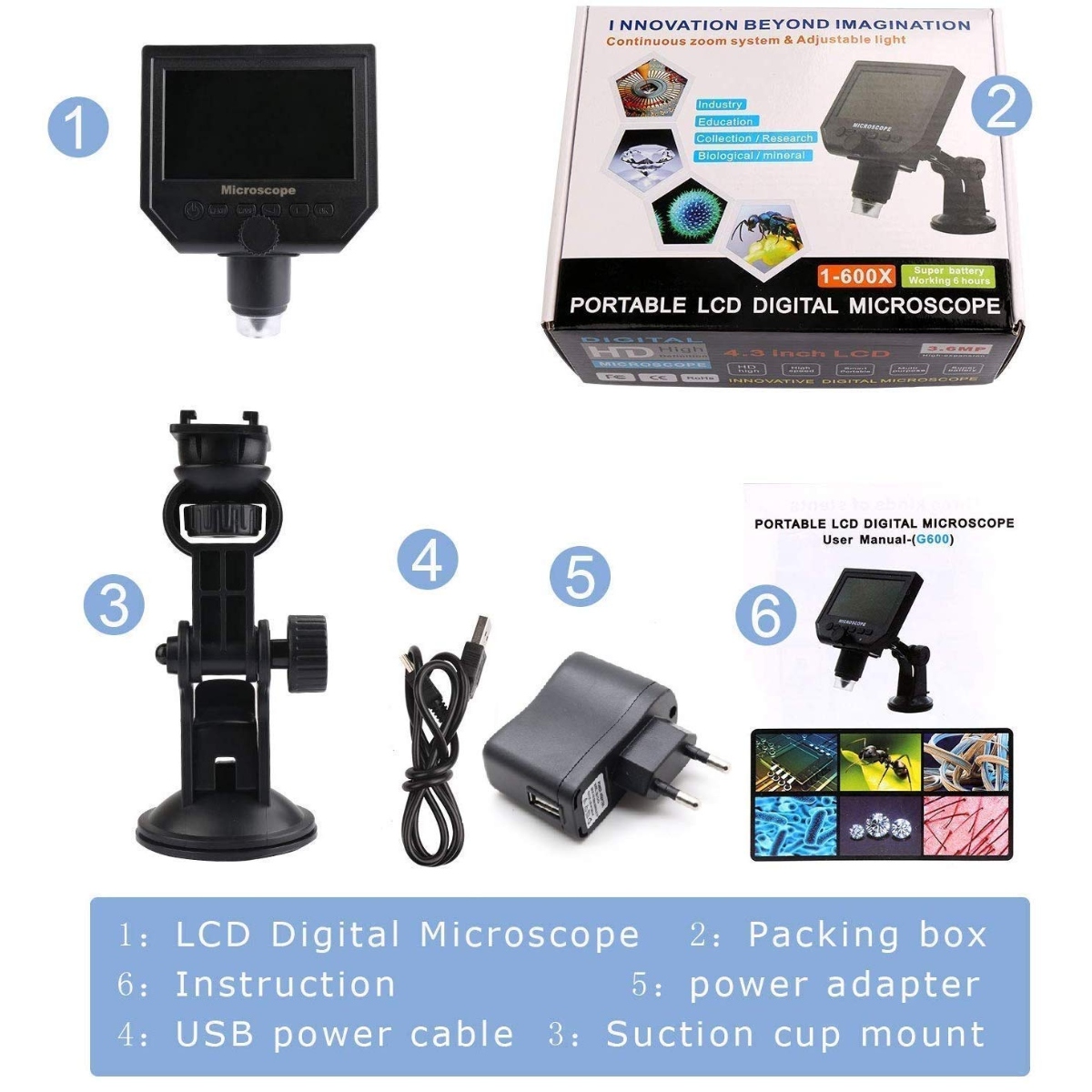 G600 Portable LCD Digital Microscope 4.3 Inch HD 3.6MP 1-600X 1080P (Digital Inspection Microscope) image 3