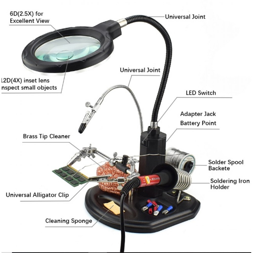 TE-802 16 SMD LEDs Magnifier Soldering Helping Hand (LED Illuminated PCB Soldering Stand) image 2
