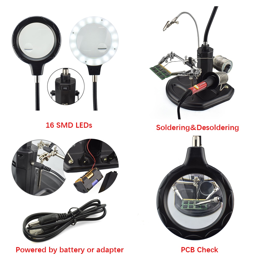 TE-802 16 SMD LEDs Magnifier Soldering Helping Hand (LED Illuminated PCB Soldering Stand) image 3
